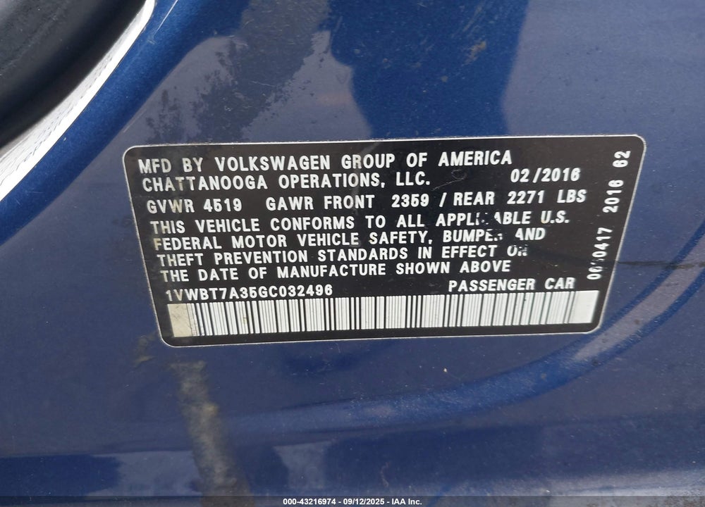 2016 VOLKSWAGEN PASSAT VIN: 1VWBT7A35GC032496