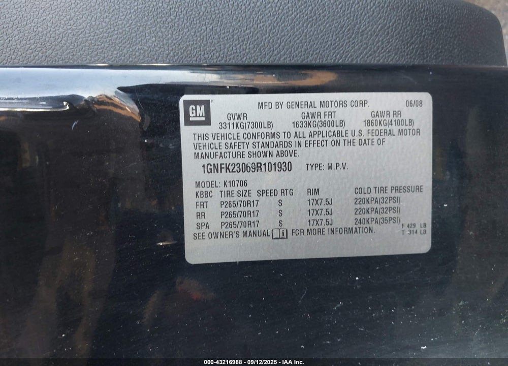 2009 CHEVROLET TAHOE VIN: 1GNFK23069R101930