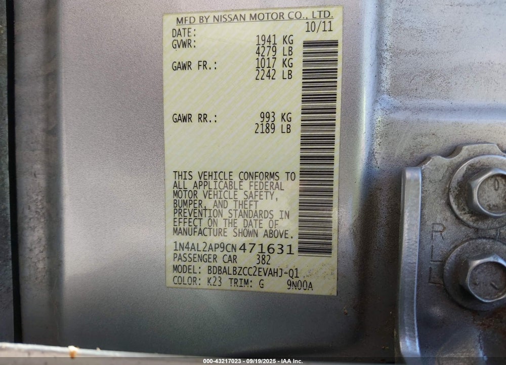2012 NISSAN ALTIMA VIN: 1N4AL2AP9CN471631