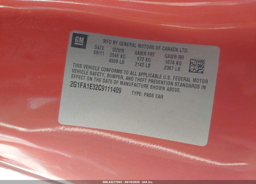 2012 CHEVROLET CAMARO 2LS VIN: 2G1FA1E32C9111409