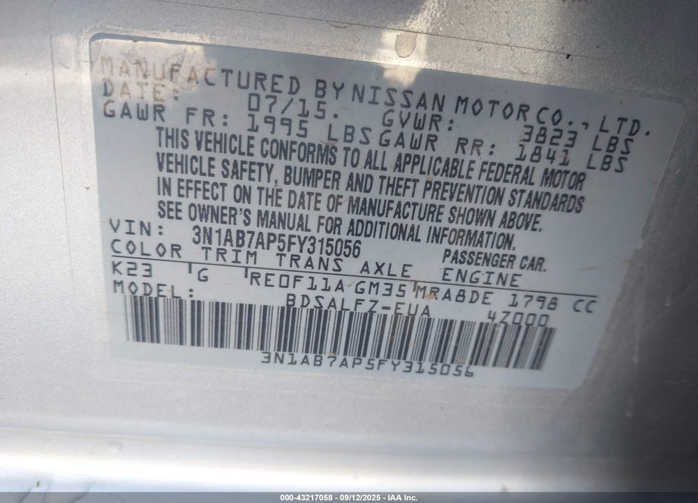 2015 NISSAN SENTRA VIN: 3N1AB7AP5FY315056