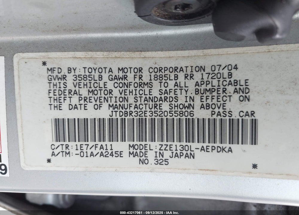 2005 TOYOTA COROLLA CE VIN: JTDBR32E352055806