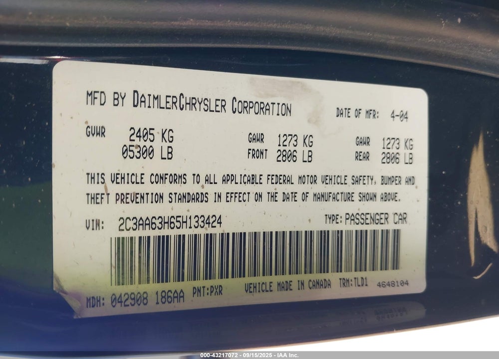2005 CHRYSLER 300C VIN: 2C3AA63H65H133424
