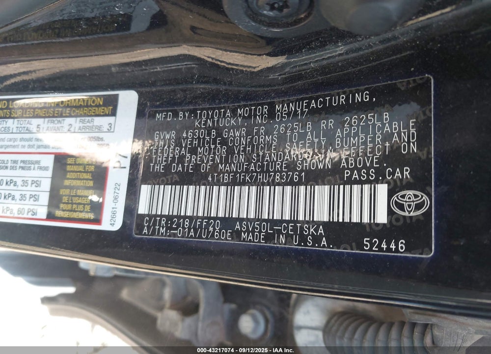 2017 TOYOTA CAMRY SE VIN: 4T1BF1FK7HU783761