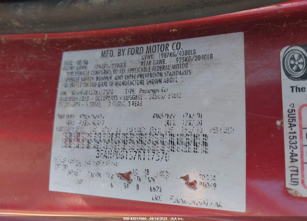 2007 FORD FUSION SEL VIN: 3FAHP08157R117570
