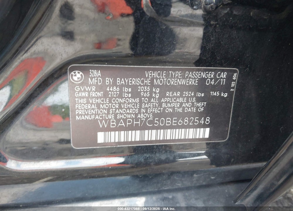 2011 BMW 3 SERIES VIN: WBAPH7C50BE682548