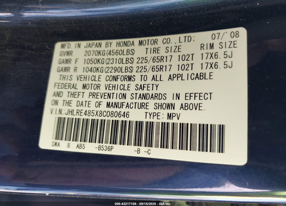 2008 HONDA CR-V VIN: JHLRE485X8C080646
