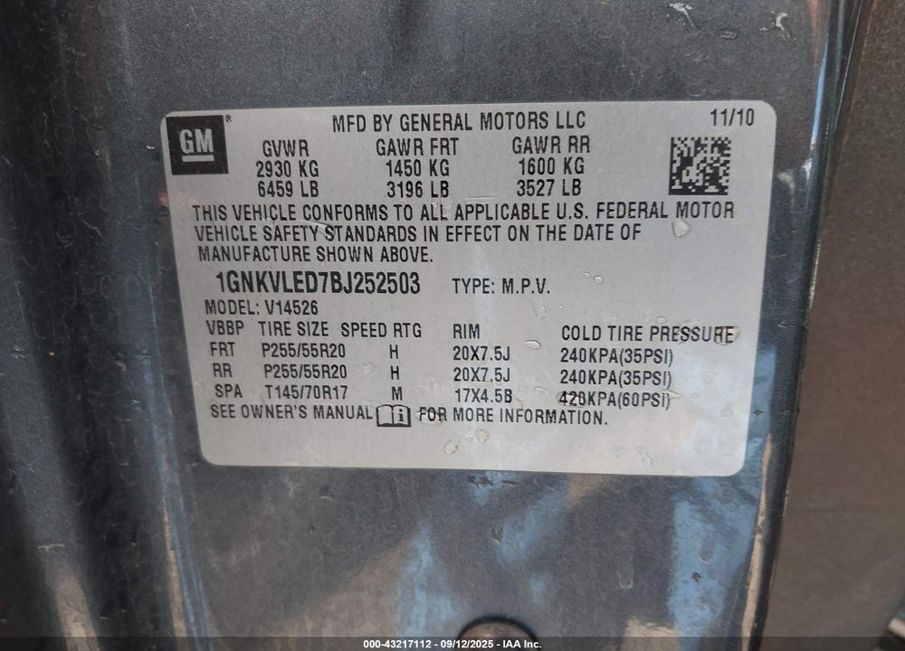 2011 CHEVROLET TRAVERSE VIN: 1GNKVLED7BJ252503