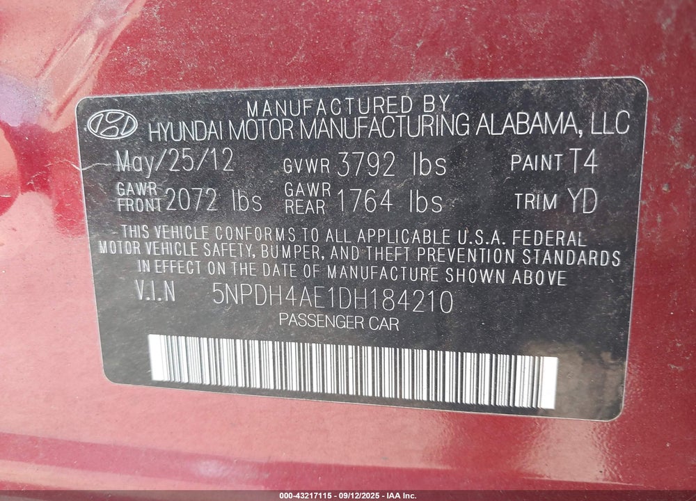 2013 HYUNDAI ELANTRA GLS VIN: 5NPDH4AE1DH184210