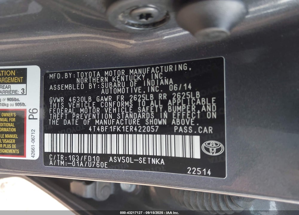 2014 TOYOTA CAMRY LE VIN: 4T4BF1FK1ER422057