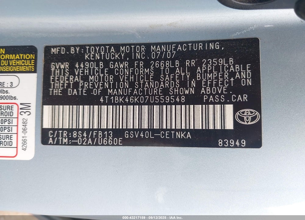 2007 TOYOTA CAMRY LE V6 VIN: 4T1BK46K07U559548