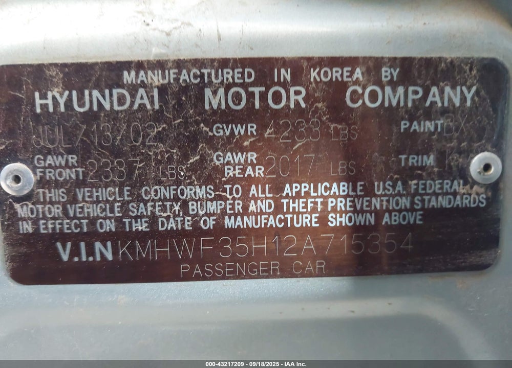 2002 HYUNDAI SONATA GLS/LX VIN: KMHWF35H12A715354