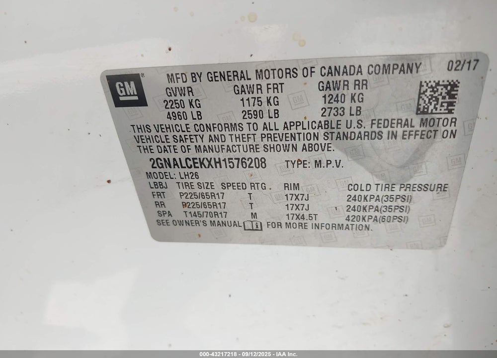 2017 CHEVROLET EQUINOX VIN: 2GNALCEKXH1576208