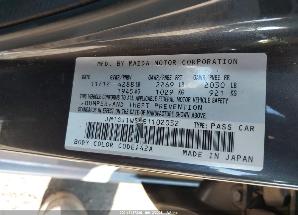 2014 MAZDA 6 VIN: JM1GJ1W59E1102032