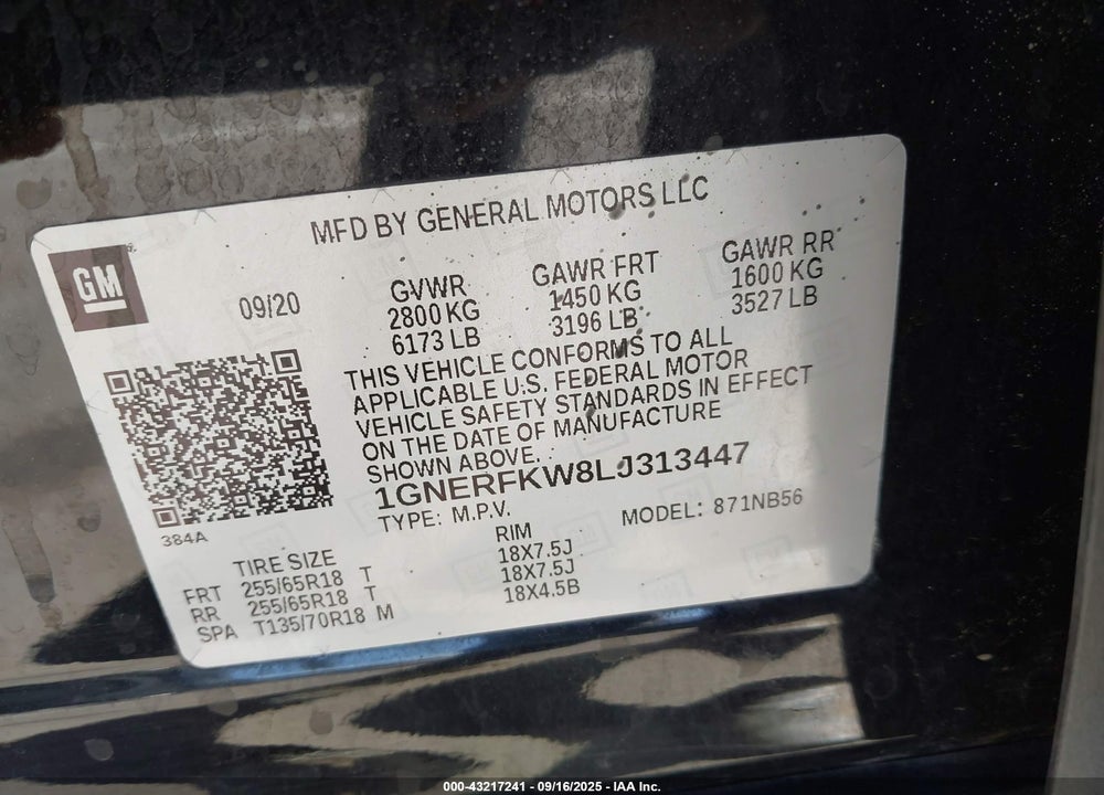 2020 CHEVROLET TRAVERSE VIN: 1GNERFKW8LJ313447