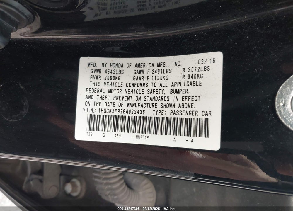 2016 HONDA ACCORD VIN: 1HGCR3F92GA022436