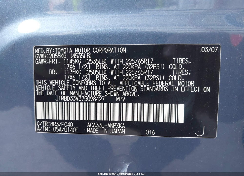 2007 TOYOTA RAV4 VIN: JTMBD33V375098427