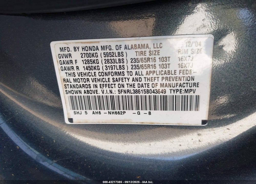 2005 HONDA ODYSSEY EX-L VIN: 5FNRL38615B043649