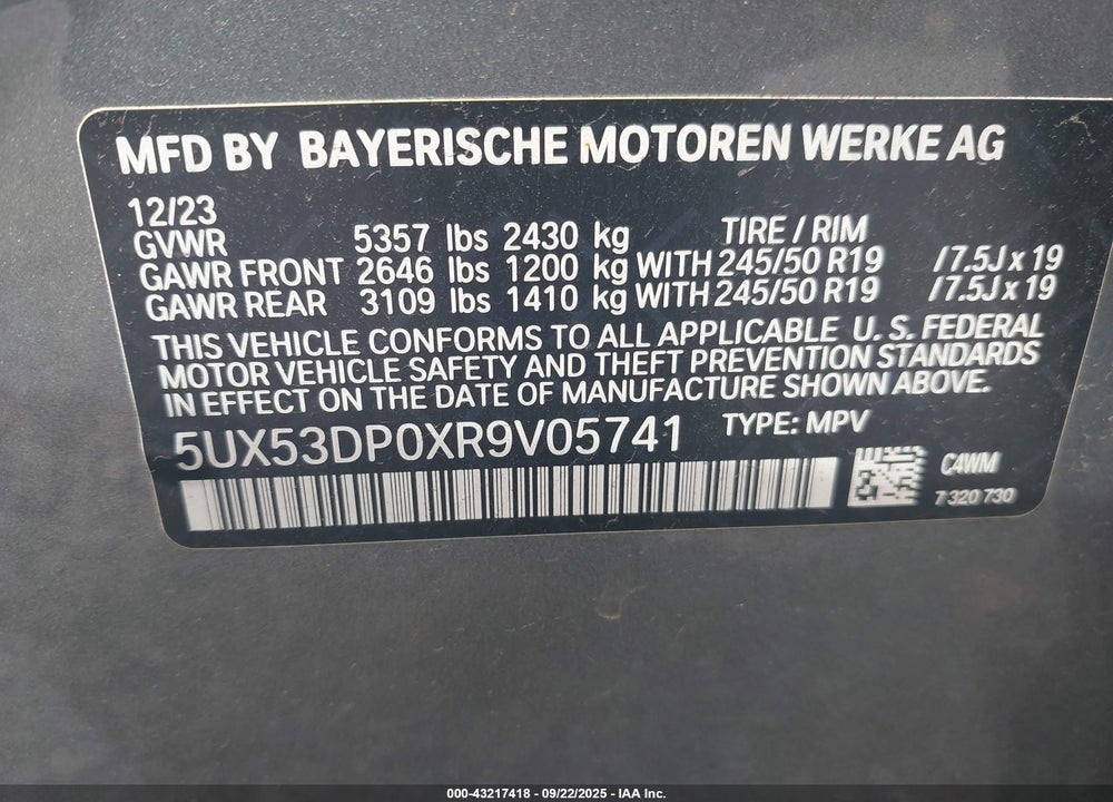 2024 BMW X3 XDRIVE30I VIN: 5UX53DP0XR9V05741