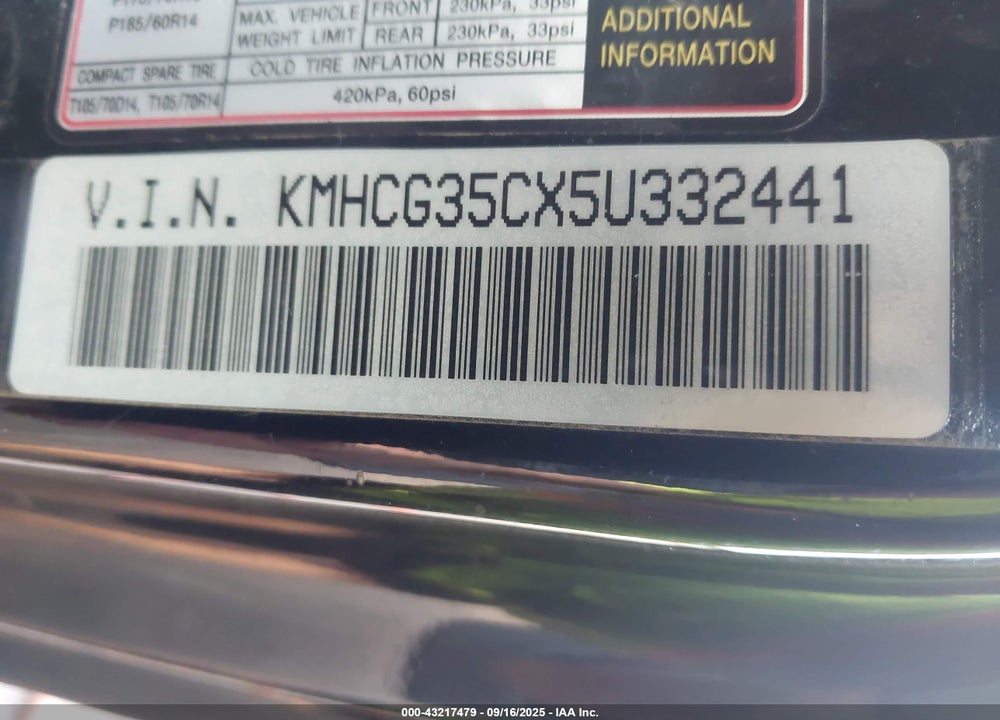 2005 HYUNDAI ACCENT GLS/GT VIN: KMHCG35CX5U332441