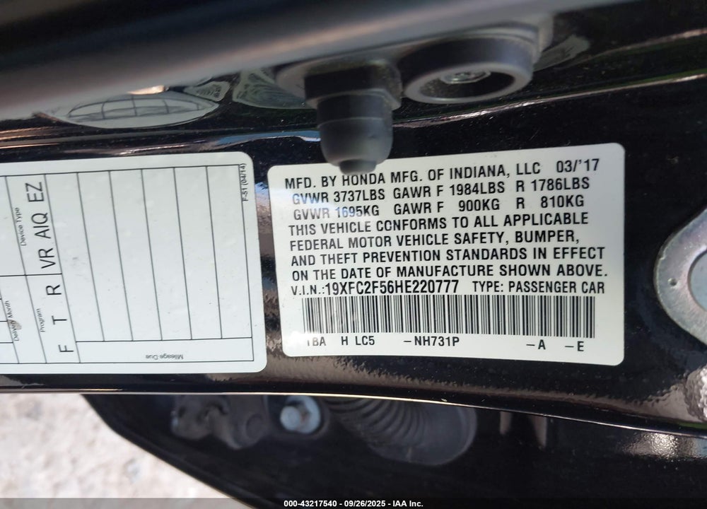 2017 HONDA CIVIC VIN: 19XFC2F56HE220777