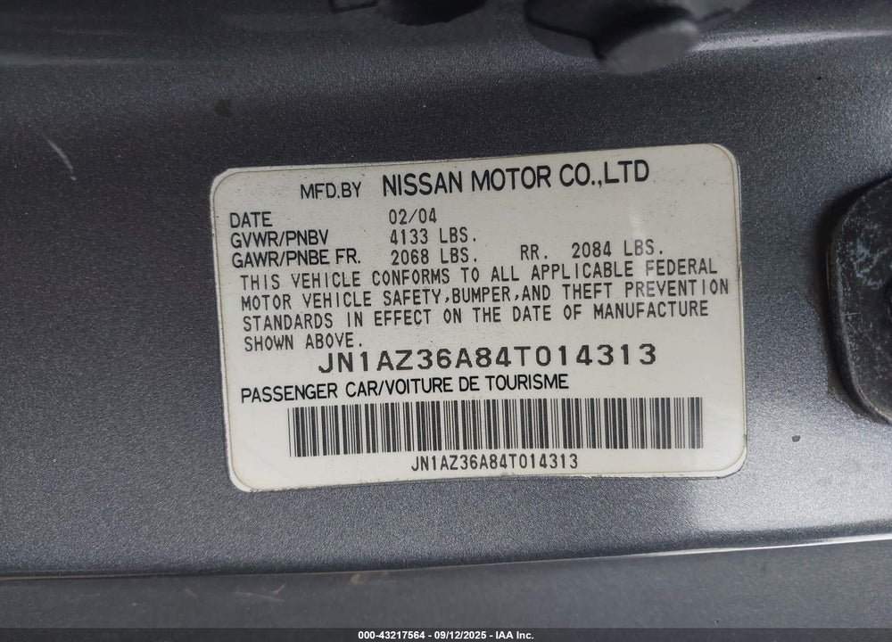 2004 NISSAN 350Z TOURING VIN: JN1AZ36A84T014313