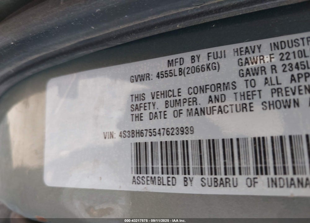 2004 SUBARU OUTBACK VIN: 4S3BH675547623939