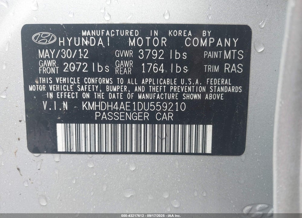 2013 HYUNDAI ELANTRA VIN: KMHDH4AE1DU559210