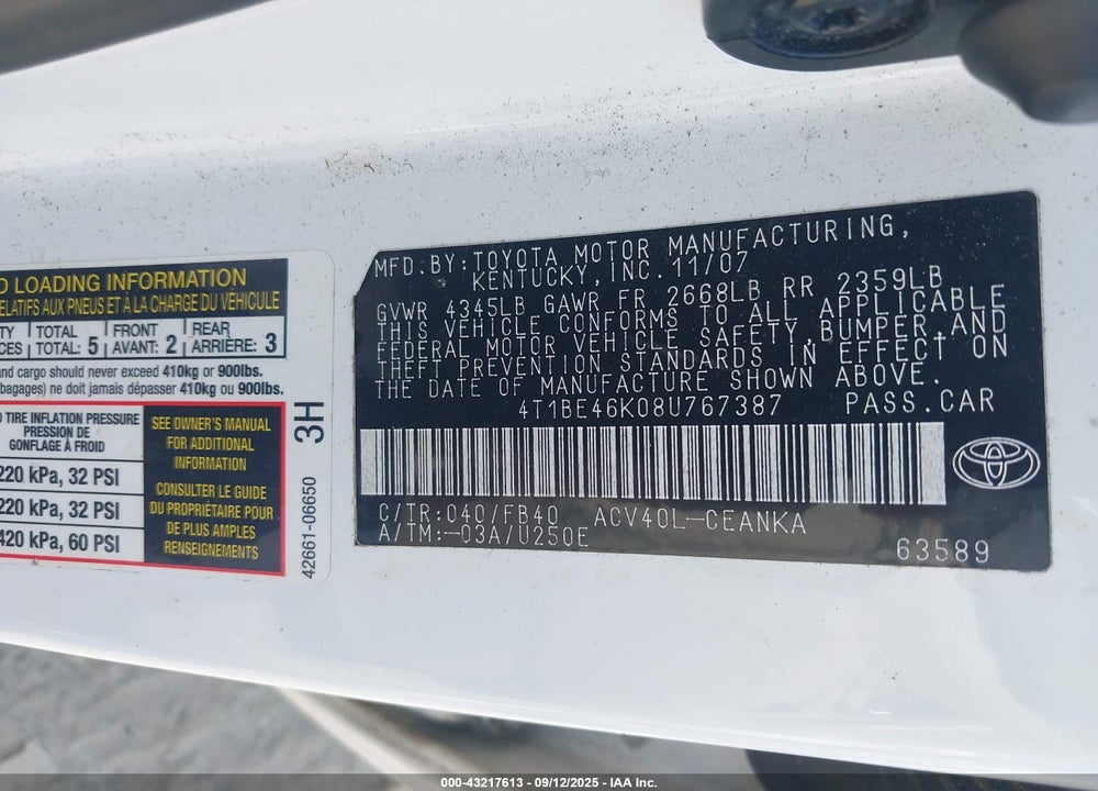 2008 TOYOTA CAMRY VIN: 4T1BE46K08U767387
