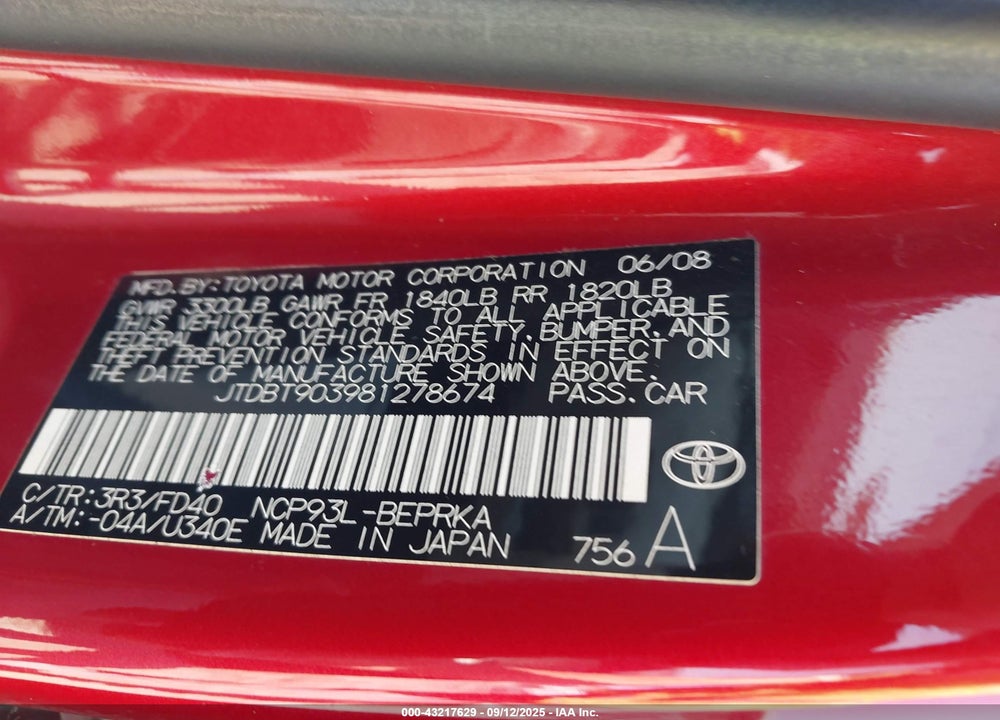 2008 TOYOTA YARIS VIN: JTDBT903981278674