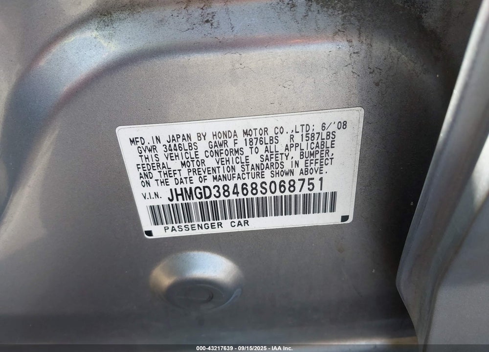 2008 HONDA FIT VIN: JHMGD38468S068751