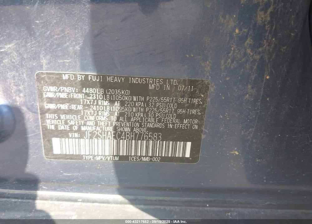 2011 SUBARU FORESTER VIN: JF2SHAEC4BH776583