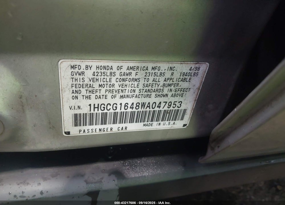 1998 HONDA ACCORD LX V6 VIN: 1HGCG1648WA047953