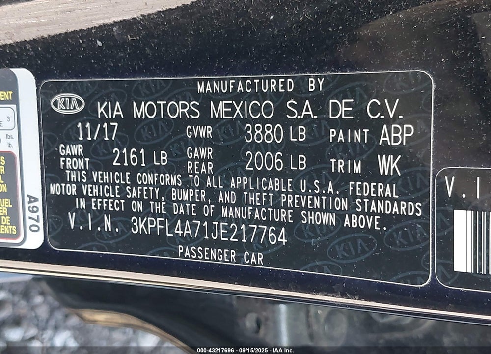 2018 KIA FORTE VIN: 3KPFL4A71JE217764