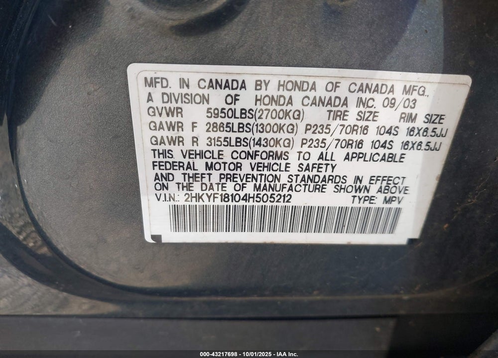 2004 HONDA PILOT LX VIN: 2HKYF18104H505212
