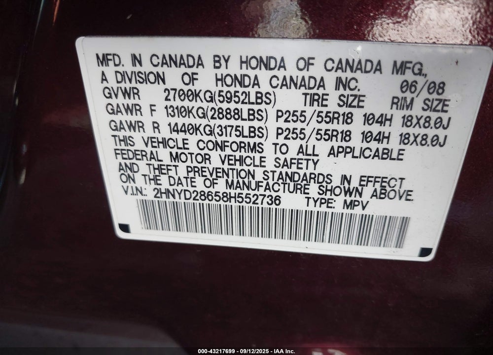 2008 ACURA MDX TECHNOLOGY PACKAGE VIN: 2HNYD28658H552736