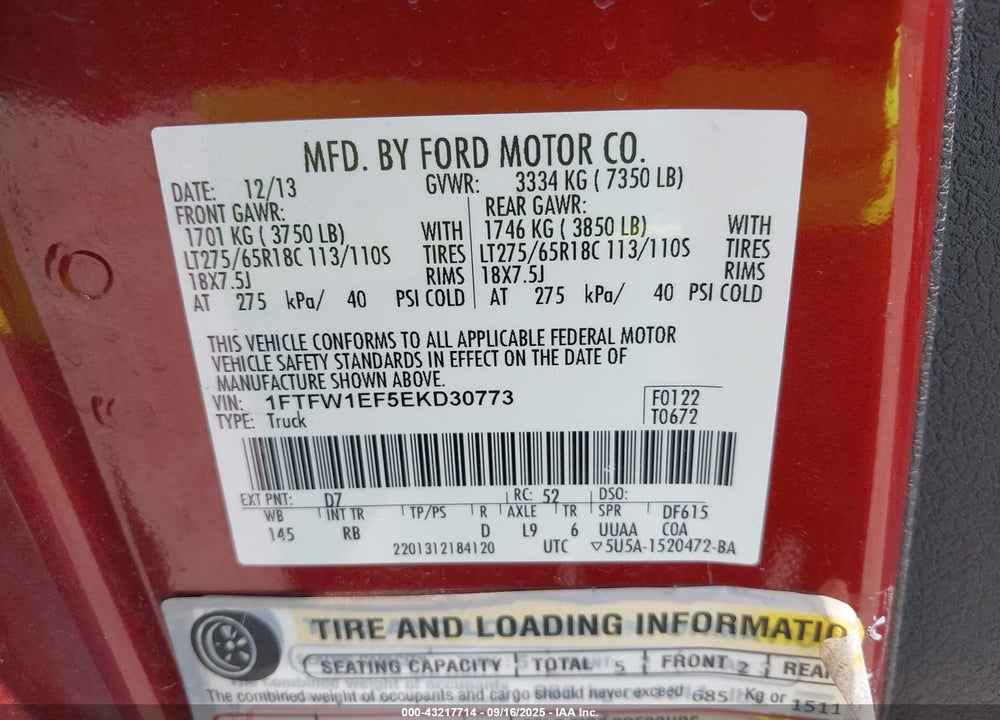2014 FORD F-150 FX4 VIN: 1FTFW1EF5EKD30773