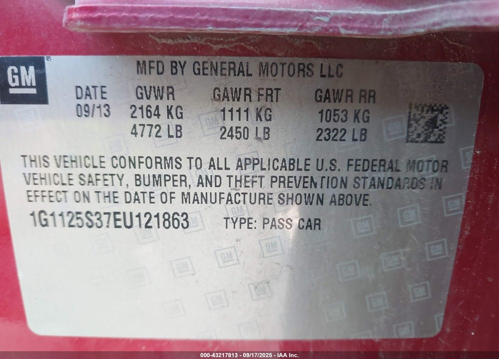 2014 CHEVROLET IMPALA VIN: 1G1125S37EU121863