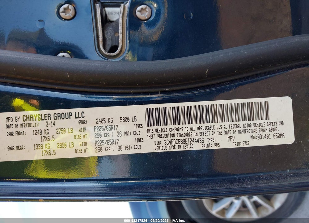 2014 DODGE JOURNEY VIN: 3C4PDCBB9ET244436