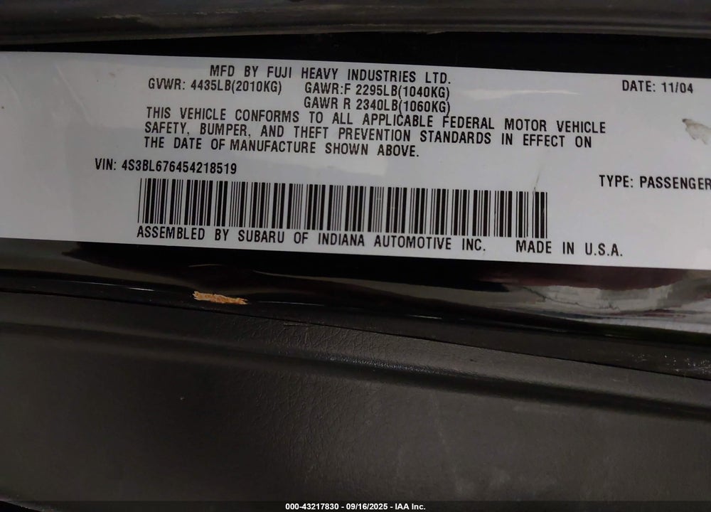 2005 SUBARU LEGACY 2.5GT LIMITED VIN: 4S3BL676454218519