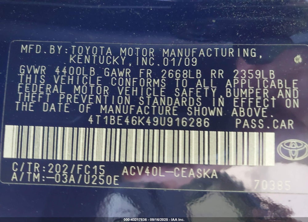 2009 TOYOTA CAMRY VIN: 4T1BE46K49U916286