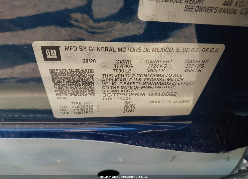 2020 GMC SIERRA 1500 VIN: 3GTP9CEK9LG416662