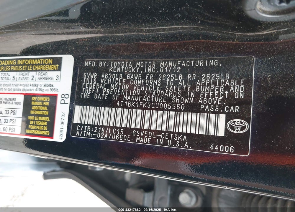 2012 TOYOTA CAMRY VIN: 4T1BK1FK3CU005560