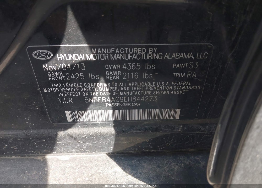 2014 HYUNDAI SONATA GLS VIN: 5NPEB4AC9EH844273