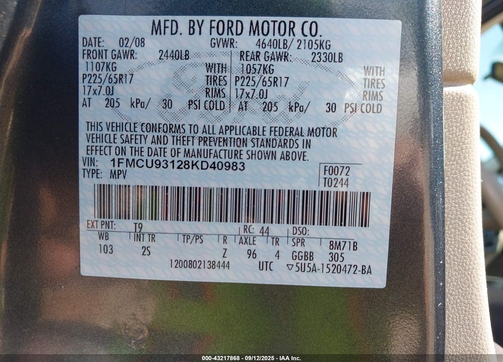2008 FORD ESCAPE XLT VIN: 1FMCU93128KD40983