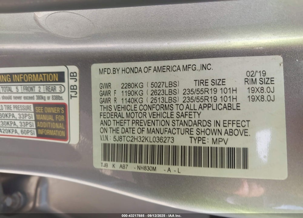 2019 ACURA RDX VIN: 5J8TC2H32KL036273
