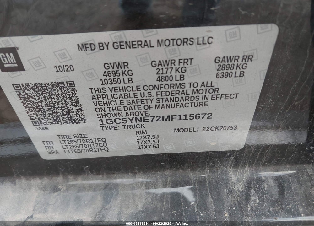2021 CHEVROLET SILVERADO 2500HD 4WD STANDARD BED LT VIN: 1GC5YNE72MF115672