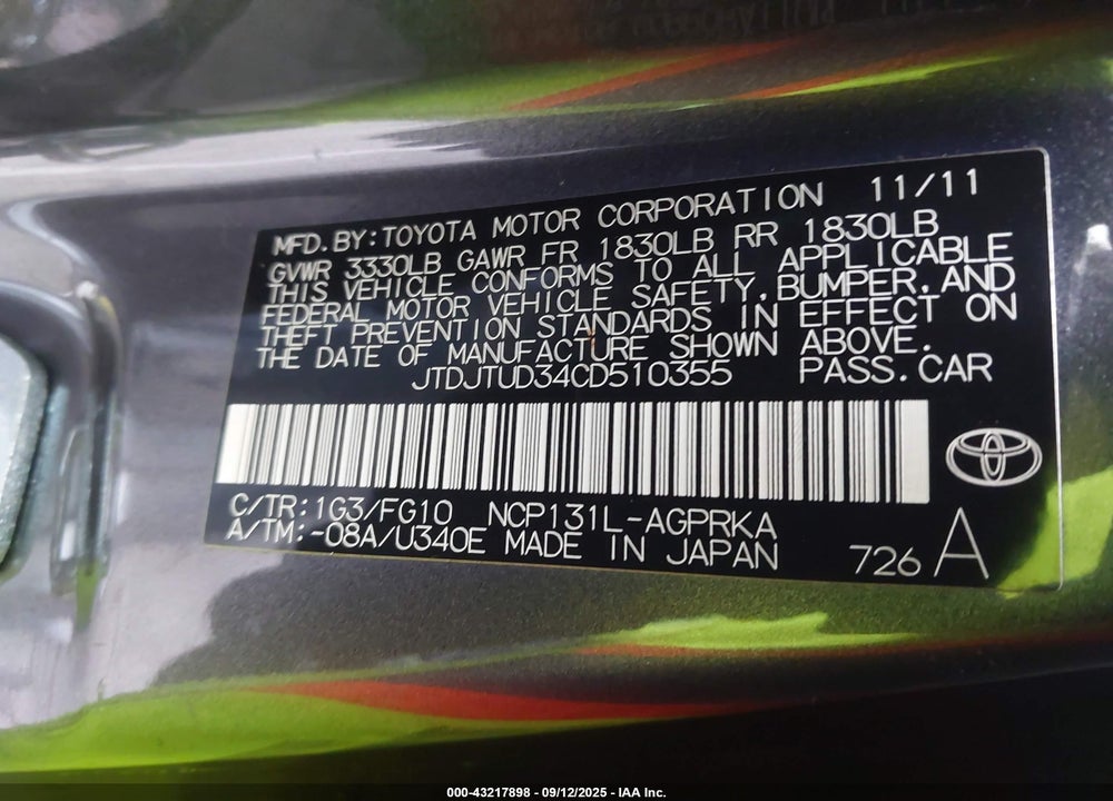 2012 TOYOTA YARIS LE VIN: JTDJTUD34CD510355