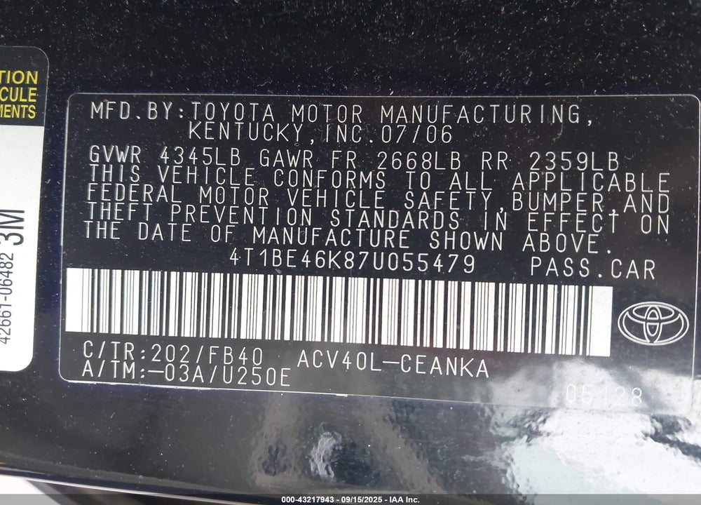 2007 TOYOTA CAMRY LE VIN: 4T1BE46K87U055479