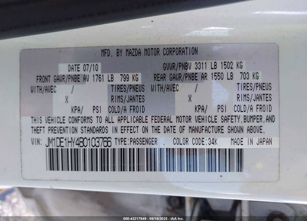 2011 MAZDA 2 VIN: JM1DE1HY4B0103766